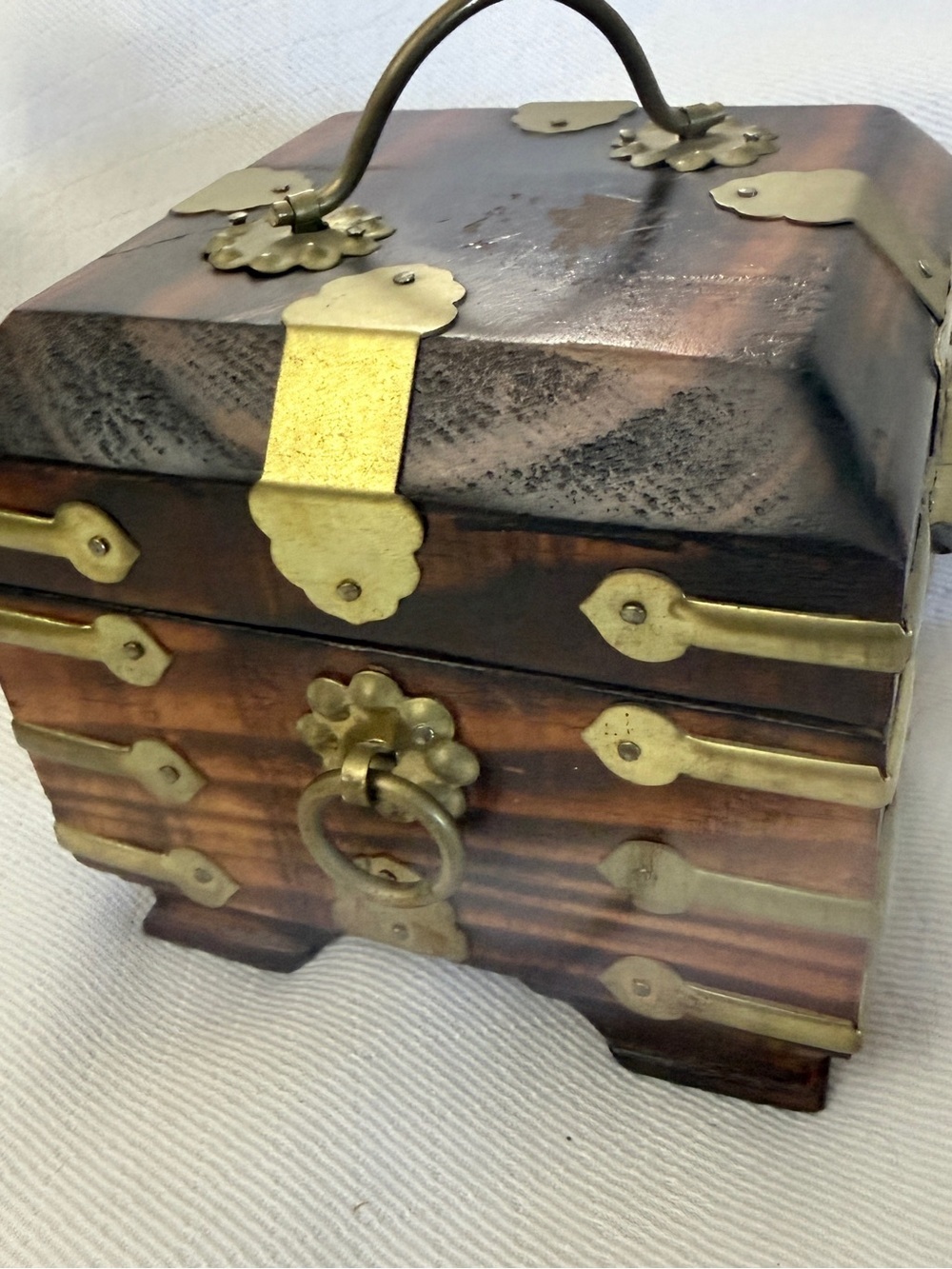 Vintage MCM Chinese Wood and Brass Scholar chest Trinket/Jewelry box 4.5x4.5x4in